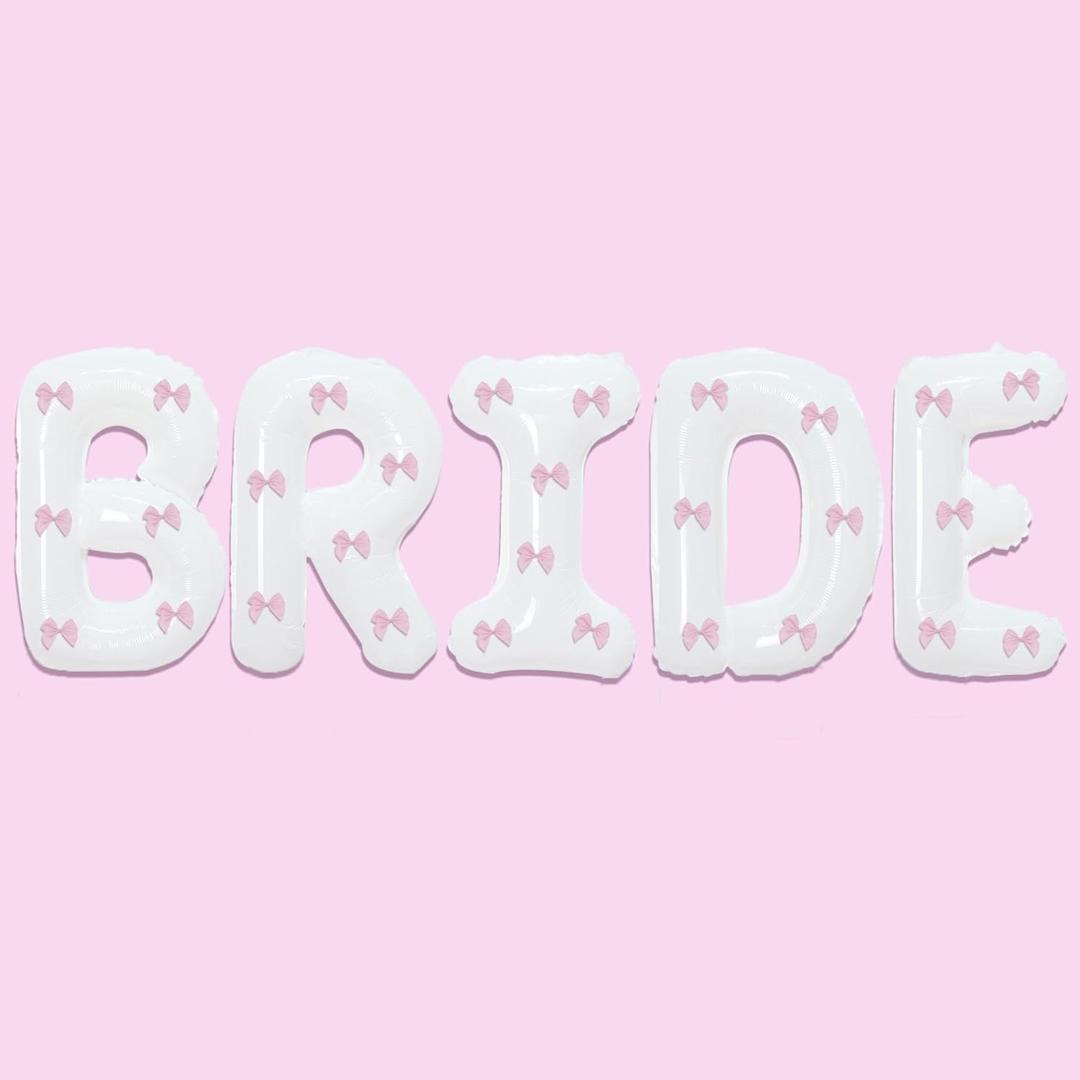 BRIDE Letter Balloons + Pink Bow, 40 Inch XL White Bride Mylar Balloons For Coquette Bachelorette Bridal Shower Decorations, Beach Bach, Girls Gone Mild Bachelorette, Bride To Be Party Supplies