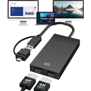 Minthouz 4K HDMI Splitter for Dual Monitors, DisplayLink Certified Dual Monitor Splitter, USB 3.1 to HDMI Adapter for Windows 10/11 & MacBook M1/M2/M3/M4, Support for Dell/HP/Lenovo/Surface Laptops