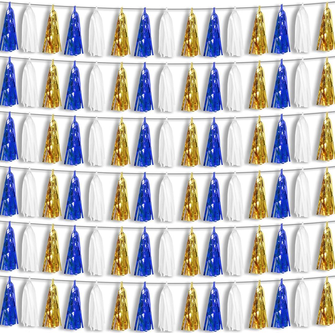 6P Navy-Blue White-Gold Foil Fringe Metallic Tassel-Garland, Tassels Banner Streamers for Parade Floats, Bachelorette, Wedding, Birthday, Graduation, Christmas, Bridal/Baby Shower Party Decorations