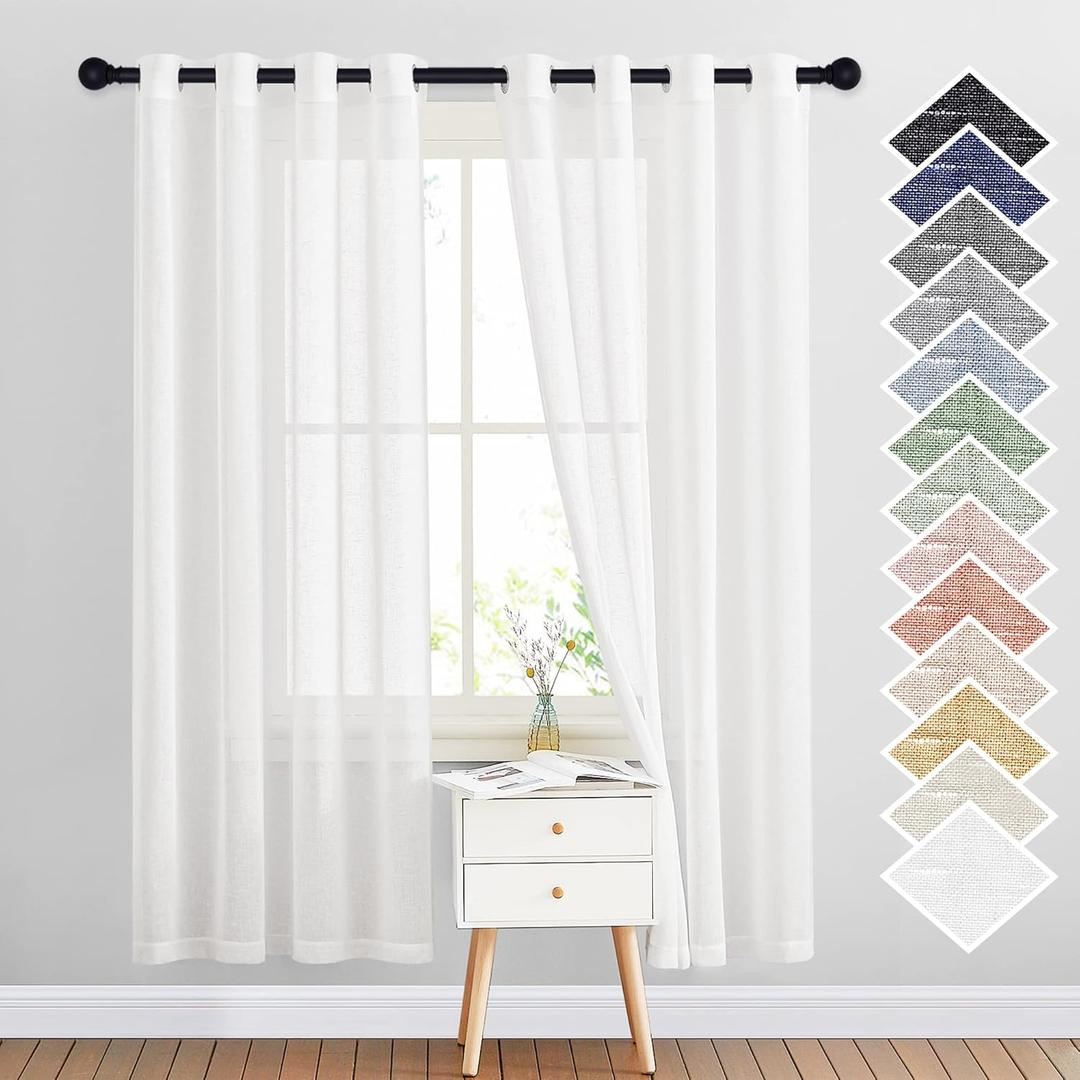 NICETOWN White Sheer Linen Curtains Flax Texture for Bedroom, Vintage Grommet Top Semitransparent Privacy Window Treatment Light Filtering for Living Room / Flat, W52 x L72, Set of 2