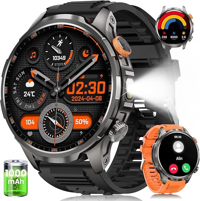 Military Smart Watches for Men, Smart Watch with 100 Days Battery/Flashlight/Heart Rate/Sleep/SpO2 Monitor/Calling/110+ Sports Mode, 5 ATM Rugged Men's Fitness Tracker Watch for Android iPhone (Black)