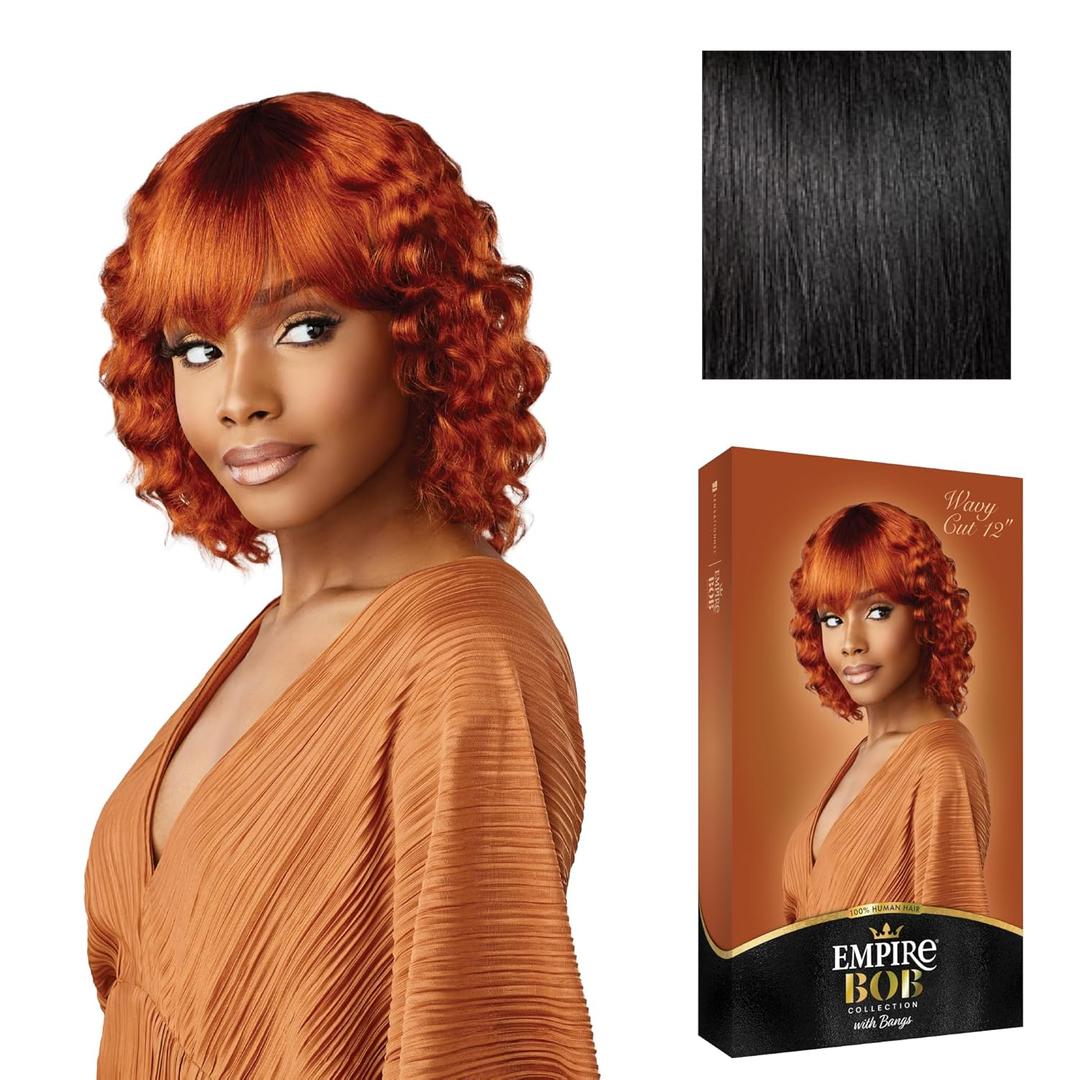 Sensationnel Empire Bob Humanhair Wig - Wavy Cut 12 Inch Face Framing Mesh Cap for Comfort With Bangs (1 JETBLACK)