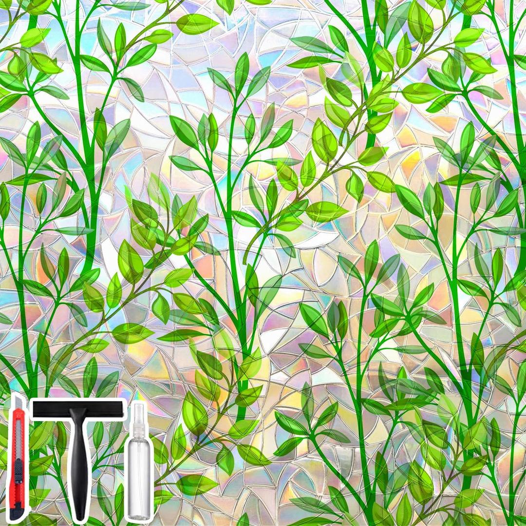Window Privacy Film with Cutting Grid, Non-Adhesive Stained Glass Window Film Decorative, Static Cling Privacy Window Film (Leaf Rainbow, 29.5 X 78.7 inch)