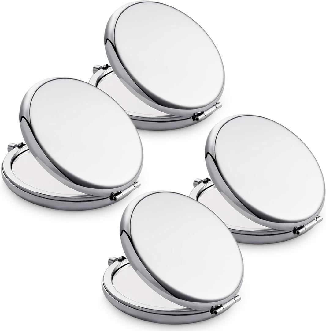 Compact Mirror for Purse, Metal Round Shell, Double-Sided 1X/2X Magnifying, Portable Travel Makeup Mirror, Mini Pocket Mirror, Sliver, 4 Packs