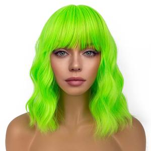 Short Bob Wigs with Bangs for Women Loose Wavy Wig Curly Wavy Shoulder Length Bob Synthetic Cosplay Wig for Girl Colorful Costume Wigs (Neon Green)