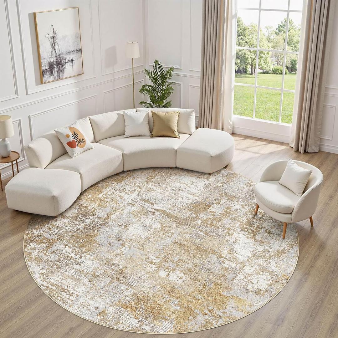 Tortania Washable 10' Round Area Rug for Living Room: Modern Abstract Neutral Large So' Thin Rugs - Non Slip Indoor Carpet for Bedroom Dining Room Office Nursery Home Floor Decoration - Brown Grey