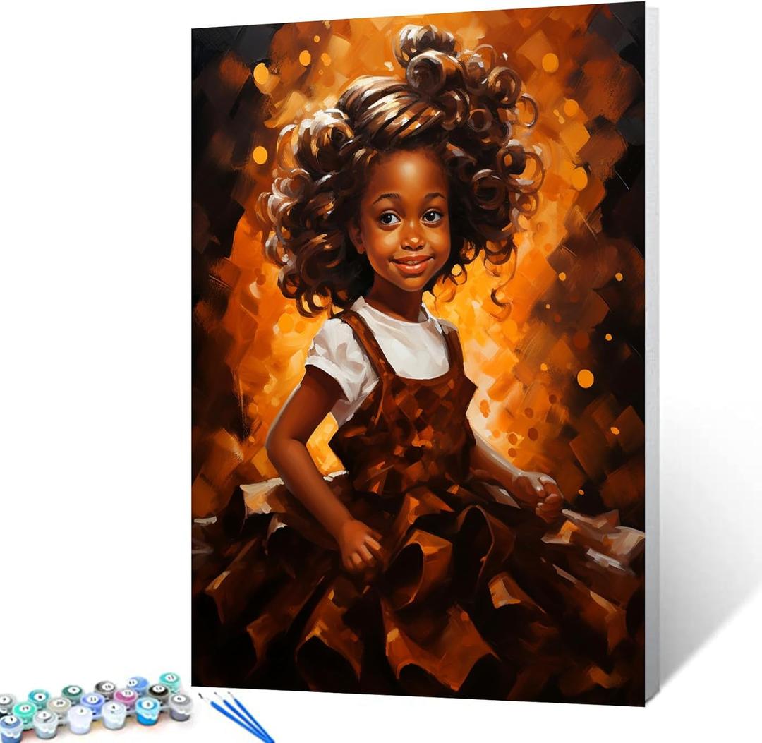 Tucocoo Black Baby Girl Paint by Number for Adults Beginner, DIY Oil Painting Kits on Canvas with Brushes and Acrylic Pigment, Chocolate Color Style Picture for Home Decor 16x20 inch (Frameless) (Artwork-17)