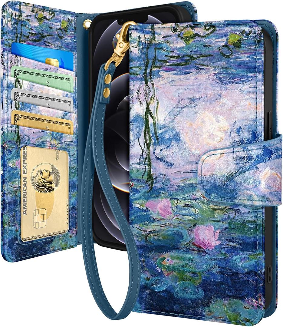 Toycamp for iPhone 12/12 Pro Wallet Case with Wrist Strap - Leather Flip Folio Phone Case with RFID Blocking 4 Card Holder for Apple for iPhone 12/12 Pro Funda Cute Aesthetic for Women, Water Lily