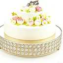 Metal Cake Stand with Mirror Top Plate Beaded Crystal Display Cake Pedestal,Baking Party Supplies Centerpiece,Gold 16 Inch