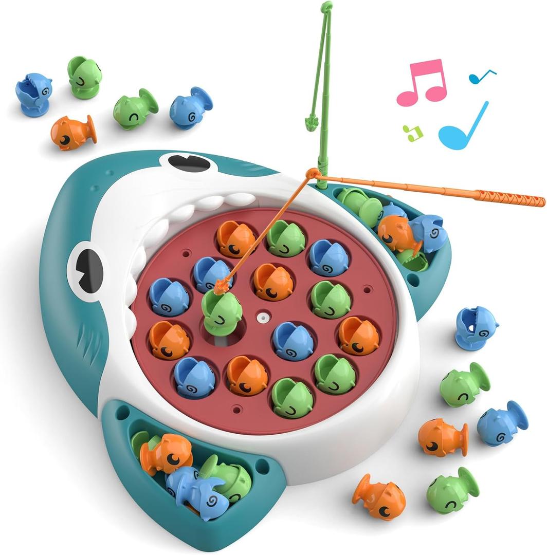 Musical Shark Fishing Game for Kids, 360 Rotating Board, 20 Fish with 3 Rods,Hook Fishing Set for ToddlersEducational, Fine Motor Skill Activity for Boys and Girls