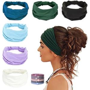 GiLi 4 Pack Wide Headbands for Women Non Slip Soft Elastic Hair Bands Yoga Running Sports Workout Gym Head Wraps, Knotted Cotton Cloth African Turbans Bandana (with 3 Pcs Hair Ties)