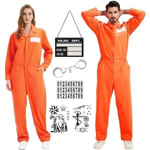 aicoaub Prisoner Jumpsuit Costume Women Men 6PCS Orange Prison Jail Inmate Halloween Costume Cosplay Outfit for Women Men, Size: M
