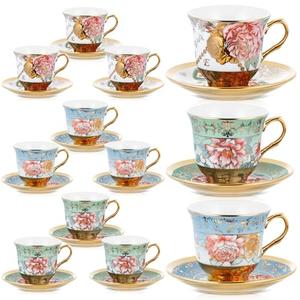 Teenyyou Set of 12 Tea Cups and Saucers Tea Party Decorations Floral Porcelain 5.4 oz British Gift for Women Birthday Party, Church, and Mother's Day (Classic Style)