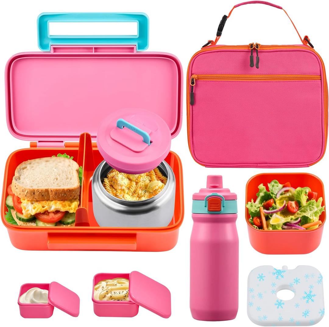 PIQUEBAR Kids Lunch Box with 8oz Thermo, Leakproof Bento Box with Insulated Bag, Kids Insulated Water Bottle with Straw, Food Lunch Container for Back to School Girls, Pink