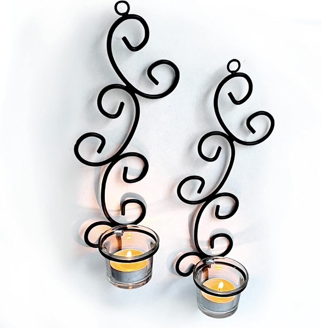 Lilys Home Deco Swirl Wall Sconce Tea Light Candle Holders, Steel, Black, Set of 2, with 2 Clear Glass Tealight Candle Holders