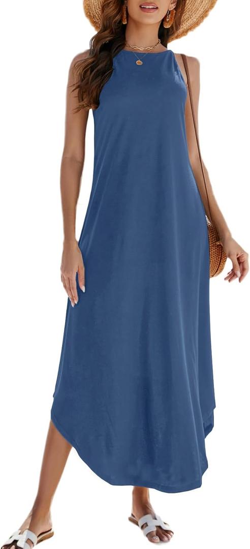 Halife Women's Summer Casual Sleeveless Beach Dress Long Halter Side Slit Maxi Sun Dresses, Small