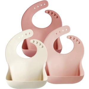 PandaEar Set of 3 Silicone Baby Bibs, Waterproof Soft Adjustable Bibs for Babies Toddlers 10-72 Months (Light Pink/Rose/Linen)