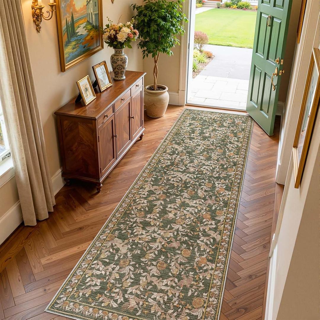 jinchan Eden Floral Washable Runner Rug 3x10 Entryway Rug Vintage Lightweight Soft Non-Slip Indoor Low-Profile Distressed Green Carpet for Kitchen Hallway Bedroom Entrance Living Room Laundry Nursery