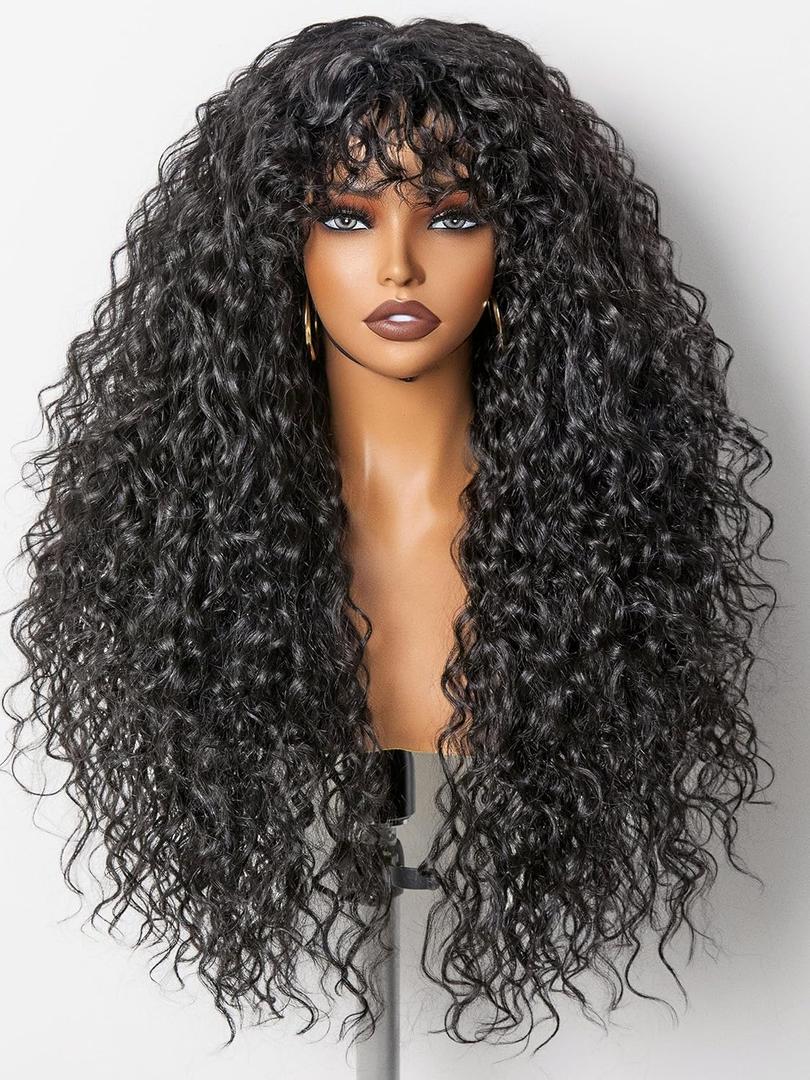 GORGIUS Veralux Blend Shaggy Haircuts Natural Black 26 Inch Curly Wig with Bangs Crafted with Style-Archive Technology: Premium Fiber & Remy Human Hair Blended, Realistic Look with True Scalp