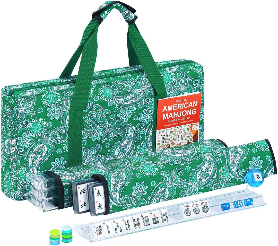 American Mahjong Tile Set, 166 White Tiles Mahjong Set, 4 Transparent All-in-One Rack/Pushers, Travel Game Set with Green Printed Carrying Bag