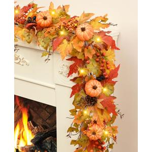 Fall Garland for Mantle, 5.9 FT Artificial Fall Leaves Garland with Lights Maple Leaves Pumpkins, Gorgeous Fall Decorations for Home Front Door Mantel Centerpieces Thanksgiving Decor