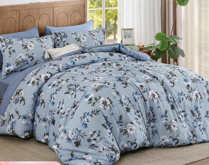 BLOOMHAVEN Queen Comforter Set -7 Pieces Floral Blue Comforter Set for All Seasons, Bed in a Bag Queen with Botanical Flowers Comforter, Sheets, Pillowcases & Shams