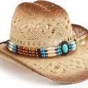 Straw Cowboy Hat, Western Cowgirl Hat, Wide Brim Sun Beach Hat for Men and Women (Brown)