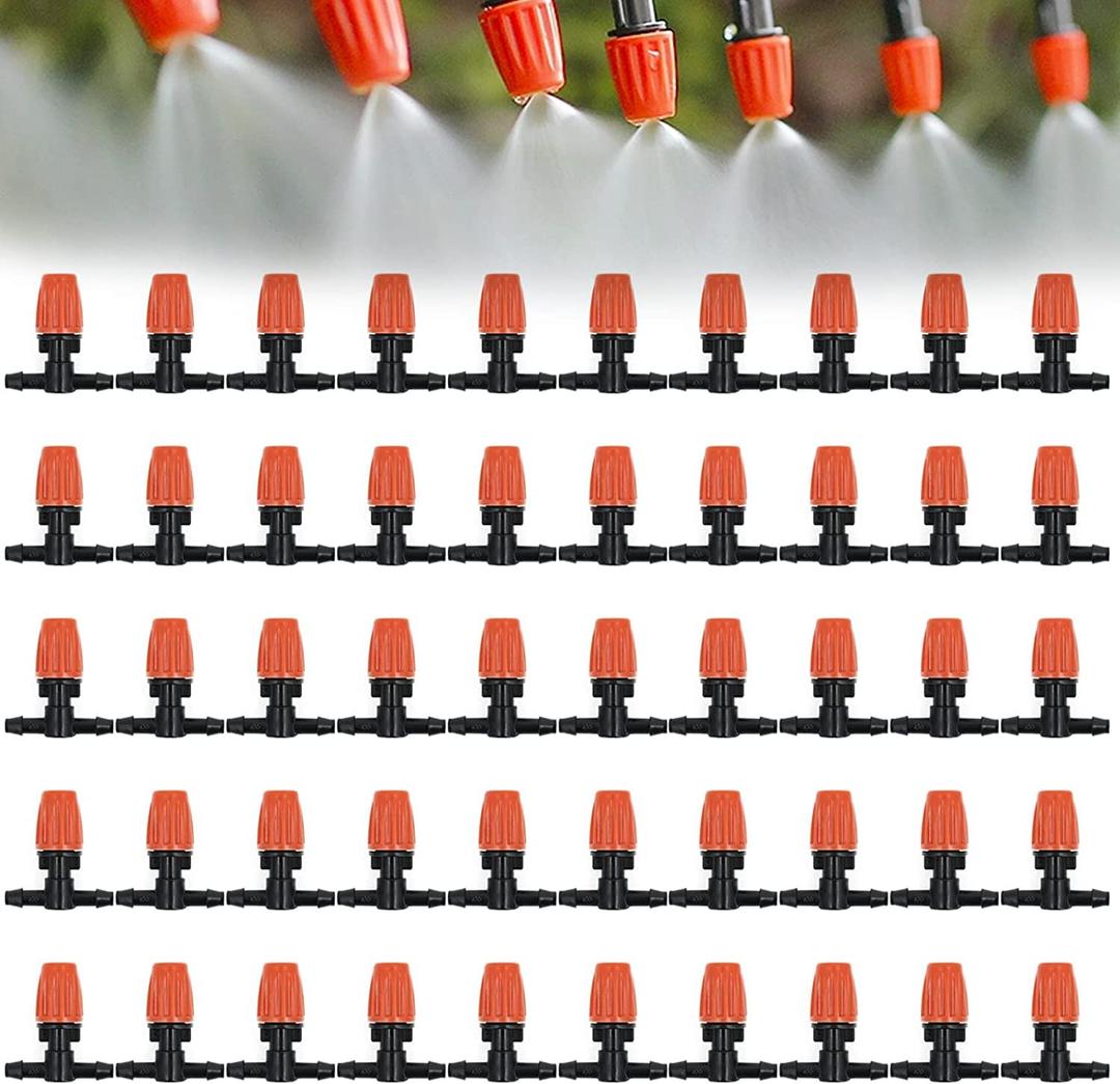 Three-Way Atomizing Nozzle 1/4 Inch, 50 Pcs Adjustable Micro Spray Irrigation Emitters, Drip Irrigation Parts Accessories for Patio Lawn Greenhouse Vegetable Irrigation Supplies