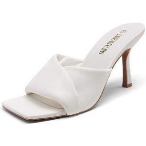 DREAM PAIRS Womens High Stilettos Heels Mules Open Square Toe Slip On Comfort Sexy Dress Pumps Sandals Fashion Casual Prom Dress Shoes (White, 9) 
