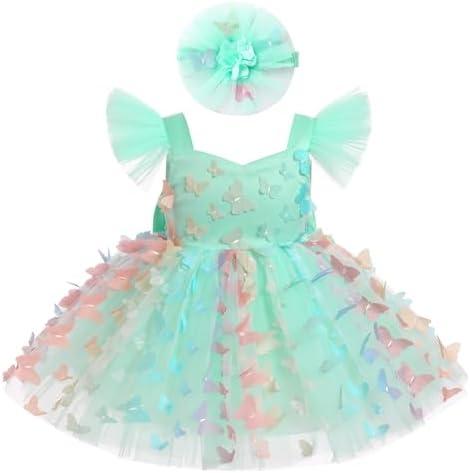 Baby Girl Butterfly Dress Flutter Sleeve Princess Tulle Tutu Dress with Flower Headband Birthday Party Dress 12-18 M