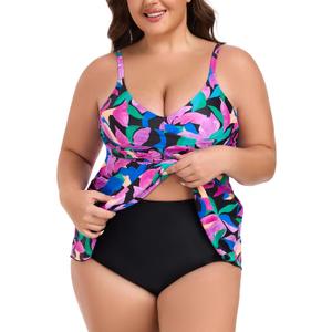 RELLECIGA Women's Tummy Control Tankini Set Swimsuits V Neck Two Piece Bathing Suits Full Coverage Swim Tank with Molded Cups (S)