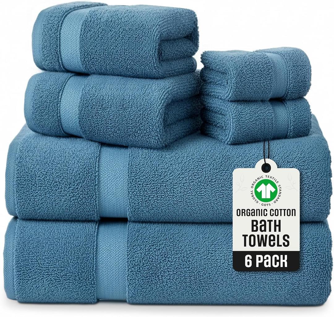 TOWELTIQUE- Organic Cotton Luxury Bath Towels Pack of 6 GOTS & Oeko- TEX Certified | Premium Soft, Absorbent & Quick-Drying Towels for Bathroom, Gym, Spa & Hotel Use – Turquoise, 30” x 58”, 16” x 30”, 13” x 13”