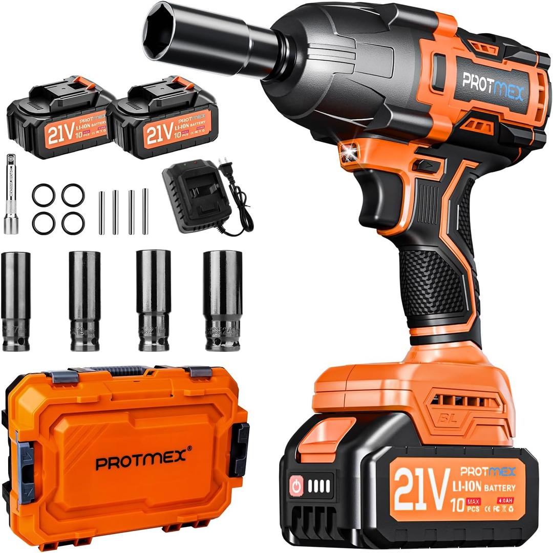 Cordless Impact Wrench, 900Ft-lbs (1200N.m) 1/2" Brushless Impact Gun, 21V High Torque Power Impact Driver, 2x4.0Ah Batteries Electric Impact Motor Variable Speeds for Family Car/Pickup Truck/Mower
