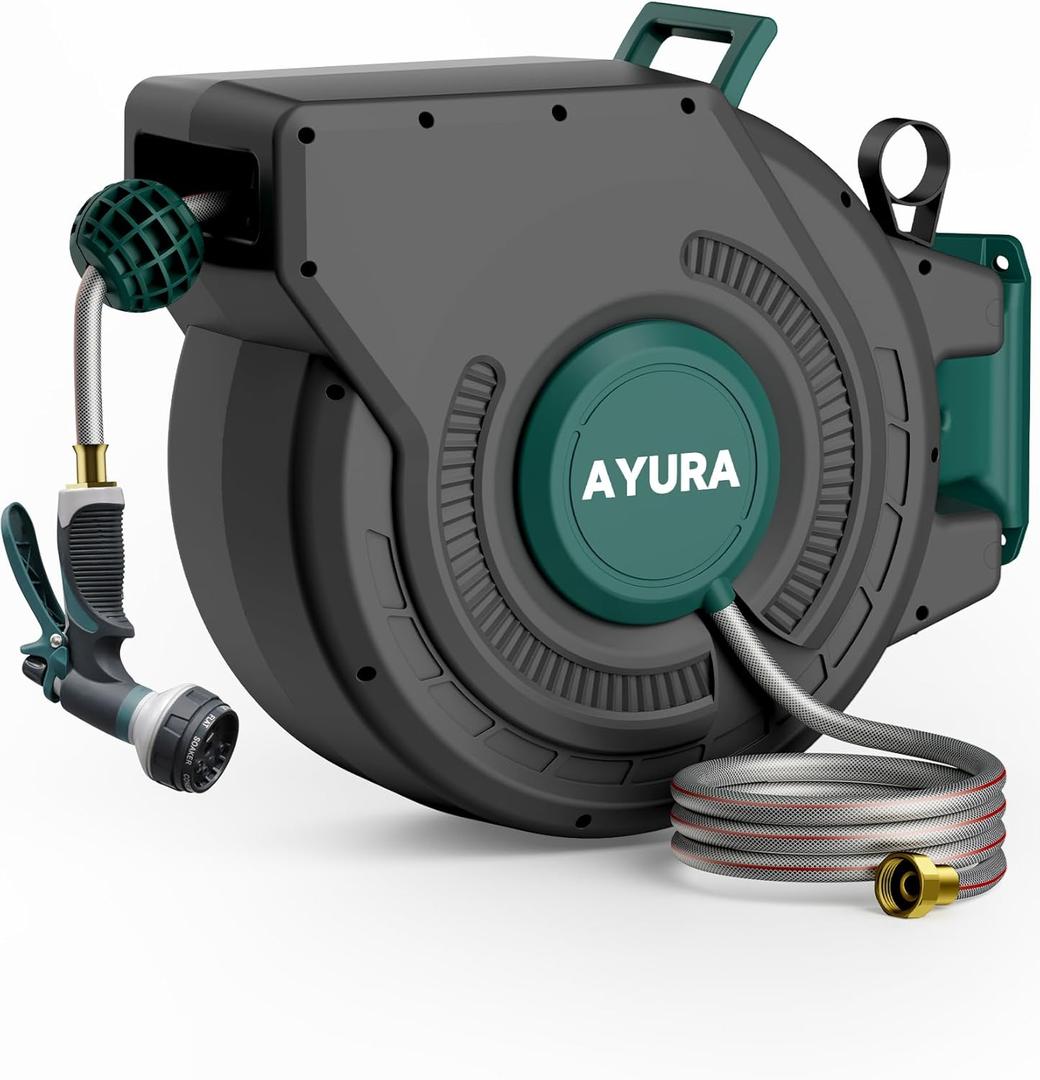 AYURA Retractable Garden Hose Reel 100 ft x 1/2 inch with Pro Metal Shaft, Heavy Duty Automatic Garden Hose Reels with Kink-Free Rewind and Lock at Any Length, Wall Mount Water Hose Reel for Outside