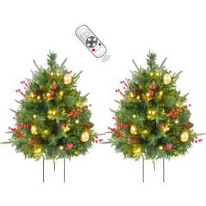 2 Pack Prelit Outdoor Christmas Tree 30 Inch, Remote Control Battery Operated with 100 Warm White MultiColor Changing LED Lights, Small PreDecorated Green Xmas Tree for Pathway, Porch