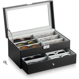 MoKo Sunglasses Organizer, Leather Sunglass Display Collection Holder Case with Drawer Clear Glass Lid (Black)