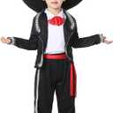 Boy Mexican Costume Kids Traditional Mariachi Amigo Dance Cosplay Costumes Halloween Outfit Bowtie Belt Suit Outfit (Large, Black)