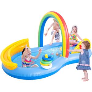 Inflatable Swimming Pool with Water Slide, Inflatable Play Center with Spray Water, Toss Ring, Ball for Outdoor Backyard Garden Water Park