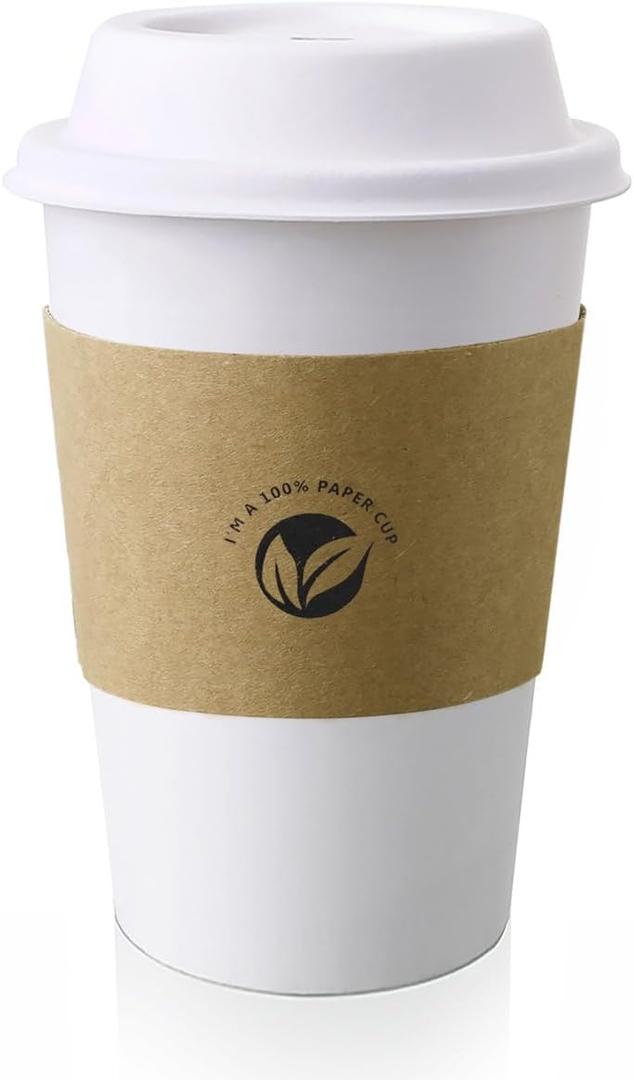 KTOB [50 pack] 16 oz Compostable Coffee Cups with Lids and Kraft Sleeves, Eco Friendly Disposable White Paper Cups Combo for Hot Beverage