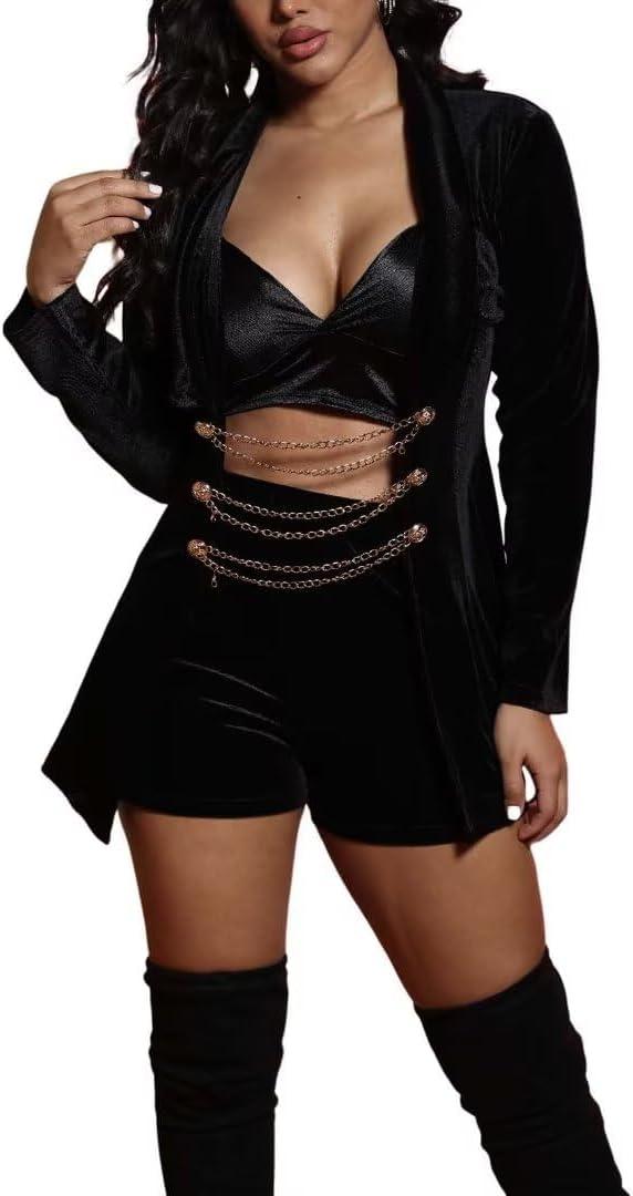 Women Sexy Two Piece Outfits Clubwear Velvet Long Sleeve Blazer Jacket Bodycon Shorts Set Night Party Club (X-Large, Black)
