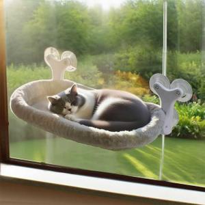 Cat Window Perch with 6 Strong Suction Cups,Mats That can be Switched Between Winter and Summer,Foldable Cordless Cat Beds Can Bear to 50LBS Weight (Grey)
