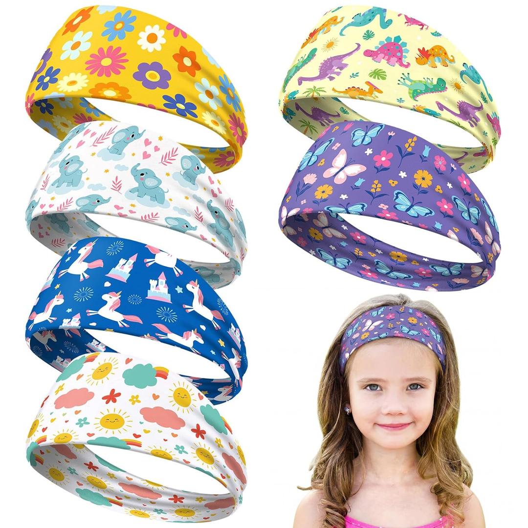 Chunyin 6 Pcs Unicorn Headbands for Girls Cute Elastic Bandeau Adjustable Wide Rainbow Headband No Slip Hair Girl Hair Accessories Stretch Hippie Turban for Children Kids Party Favors (Novelty)