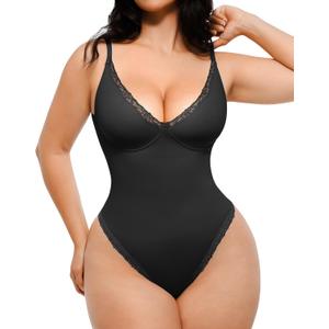 SHAPELLX Shapewear Bodysuits for Women Tummy Control Lace Body Suits V Neck Sleeveless Bodysuit Tops Underwire Corset (XX-Large, Black)