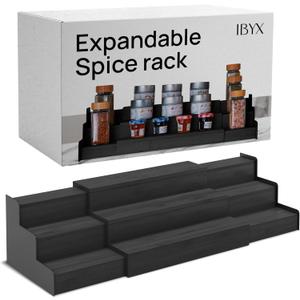Ibyx Premium 3-Tier Spice Rack Organizer for Cabinet - Expandable Bamboo Spice Storage - Non-Skid Countertop Step Spice Shelf - Great for Kitchen Cabinet, Countertop, Cupboard, Pantry (Black)