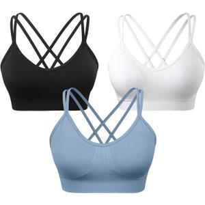 VEQKING Women's Cross Back Sports Bra Padded Strappy Medium Support Yoga Bra for Workout Fitness 3 Pack M