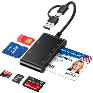 7-in-1 Smart Card Reader with USB-C & USB-A - Military CAC & PIV Card Reader, SIM Card Adapter, SD/TF/Memory Stick Pro Duo/M2/MMC Memory Card Reader for Windows, Mac, Linux – Plug and Play