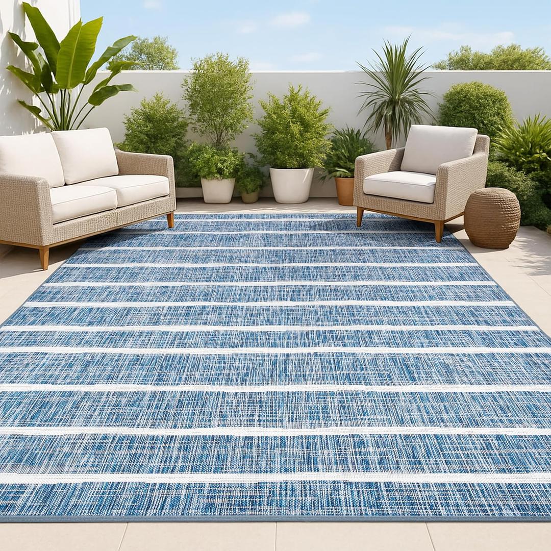 JONATHAN Y Berber Stripe Indoor Outdoor Area Rug 3X5 Blue/Ivory, Colonia for Backyard, Patio, Porch, Easy-Cleaning, High Traffic, Pet-Friendly, Non-Shedding (SMB125C-3)