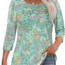 OFEEFAN Womens Tops 3/4 Length Sleeve Blouses Dressy Casual Spring Summer Outfits Pleated Front T Shirts Curved Hem (Z-floral Green)