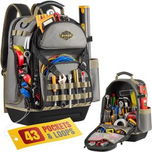 The Ryker Bag 48-Pocket Tool Backpack  Heavy-Duty, Water-Resistant Tool Organizer w/Padded Straps, Reinforced Base Bagpack Gifts for Him for Electricians, Contractors, Plumbers & Installers