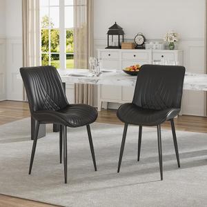VECELO Dining Chairs Set of 2, Modern Upholstered Faux Leather Cushion Seat and Metal Legs for Kitchen, Living Room, Black